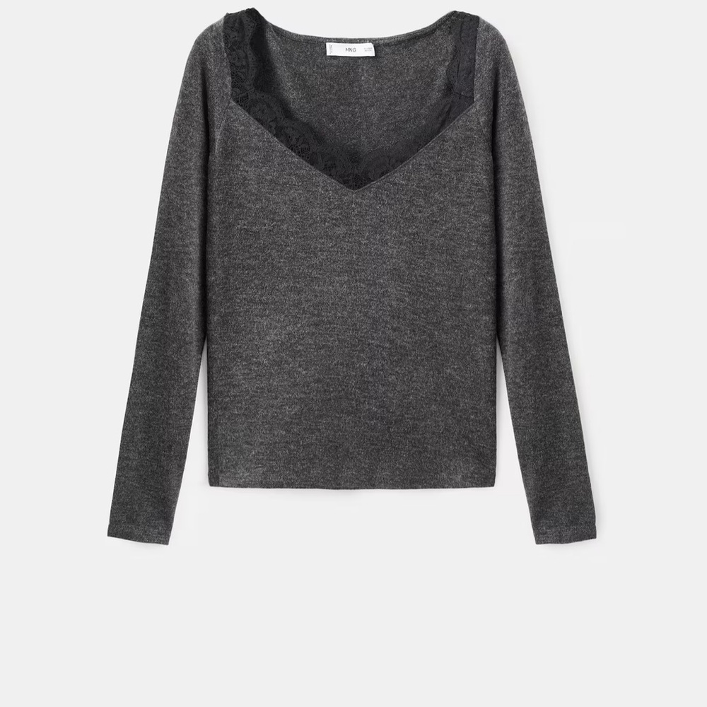 Mango NWT Lace-Trimmed Scoop-Neck Top - Gray Long Sleeve Top with Black Lace
